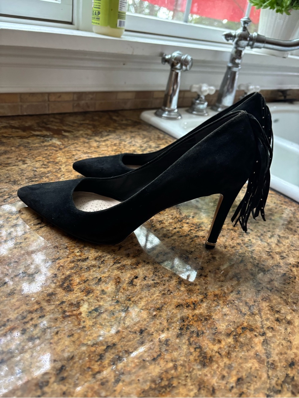 Kenneth Cole Black Suede Pointed Toe High Heels with Back Tassel